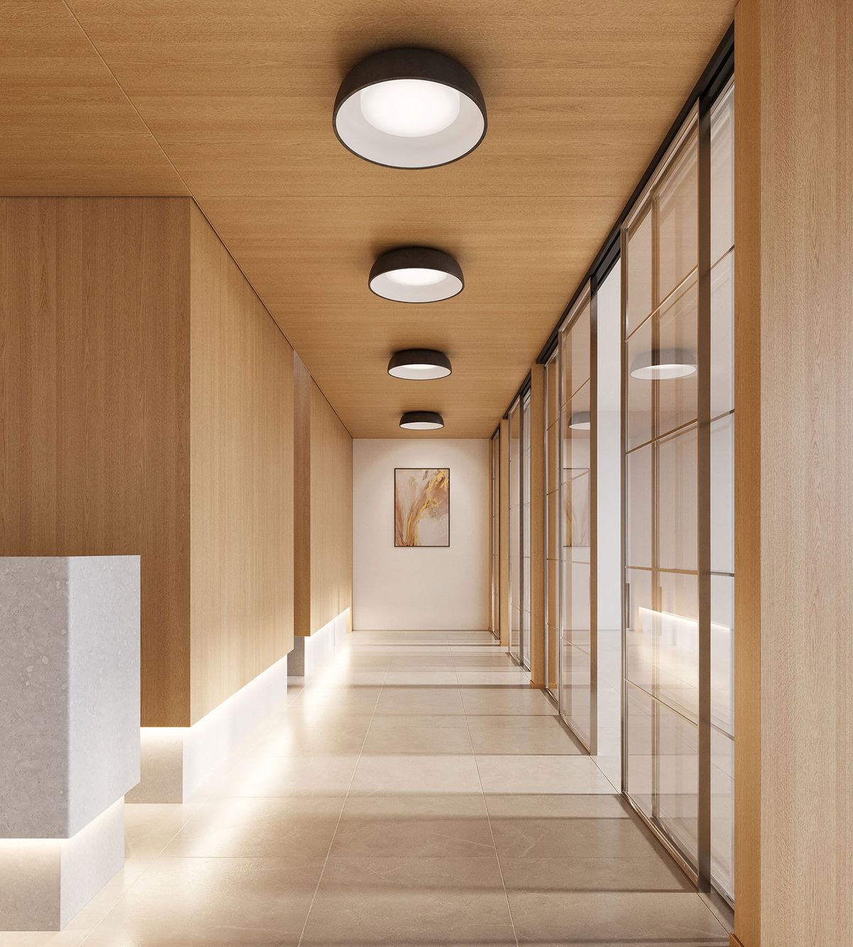 Lit timber corridor lined with glazed offices
